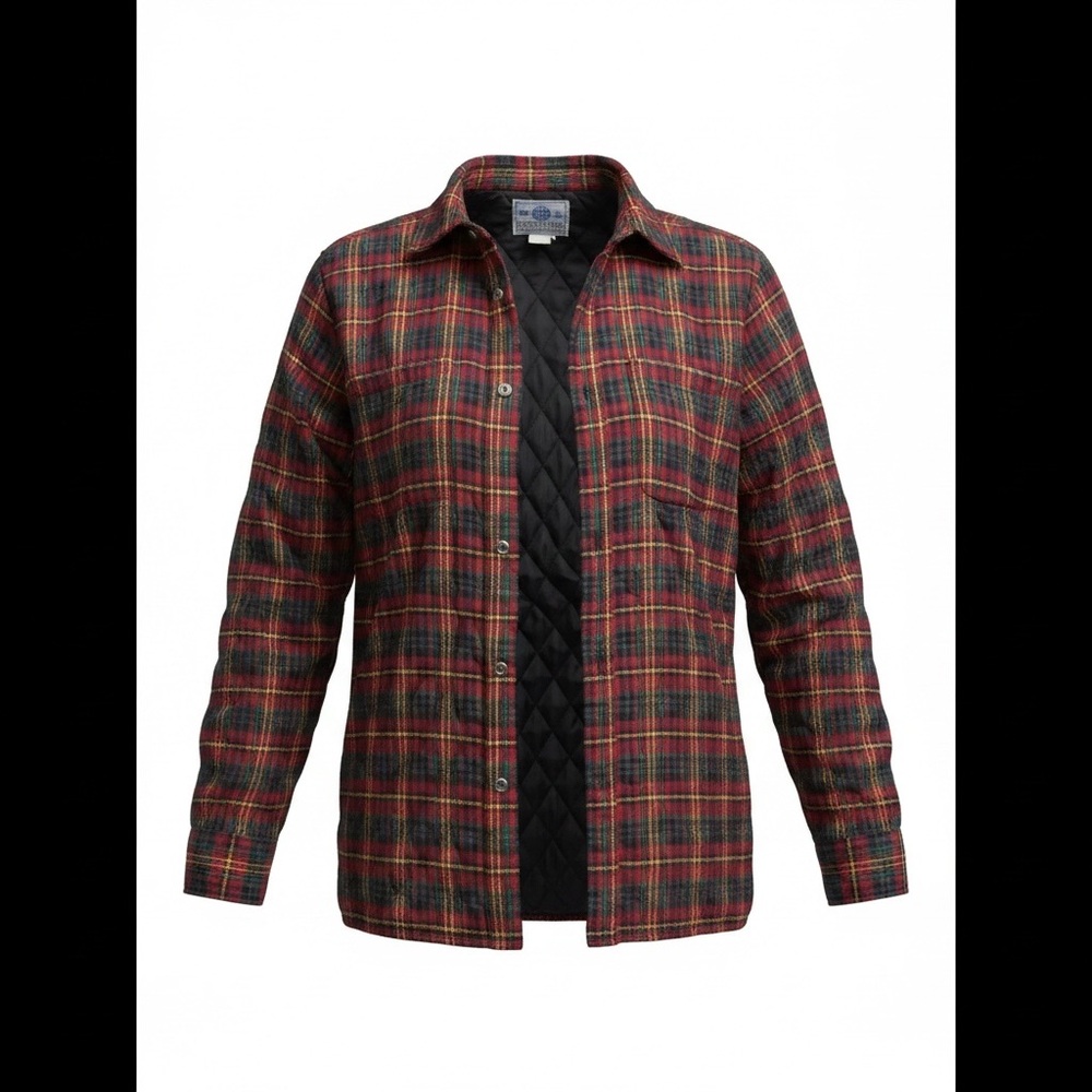 Plaid Quilted Flannel Jacket Shacket Red Black Lined Button Shirt
